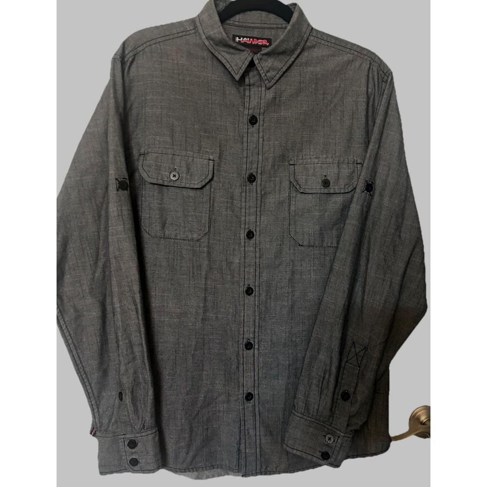 Hawk Men Large Button Up Cotton Blend Charcoal Gray Roll Tab Pocket Long Sleeves